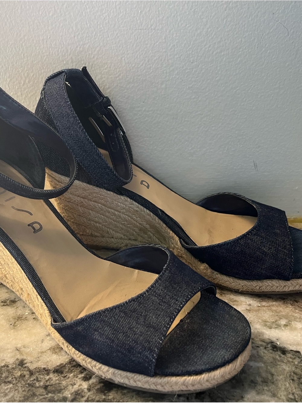 UNISA Blue Denim Espadrilles Med Heel Ankle Strap Size 9 MINT Ankle Strap